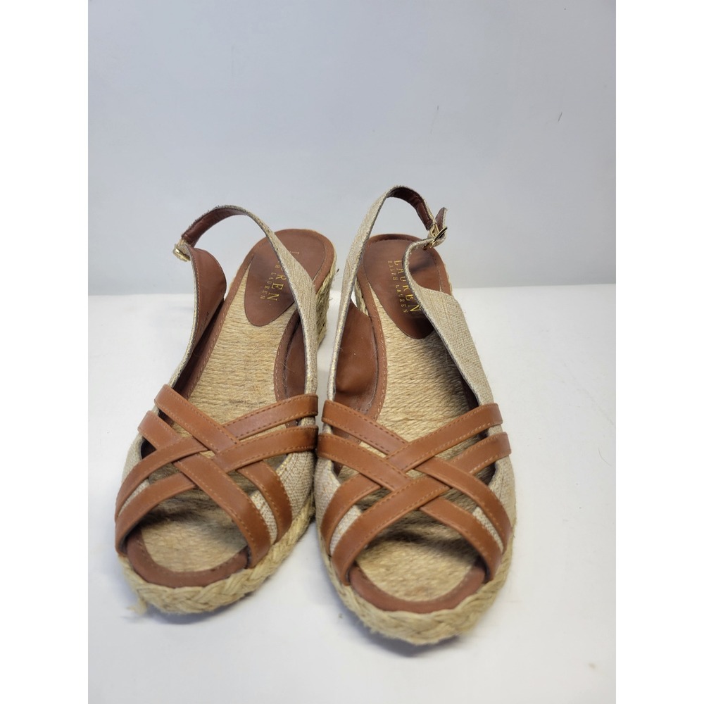 Lauren Ralph Lauren Espadrille Wedge Sandals Tan Leather Straps Cork Size 7.5